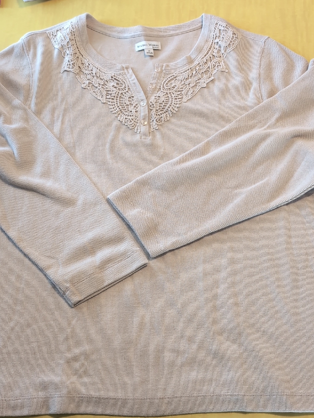 Lace Yoke Ribbed Long Sleeve Top - Mauve